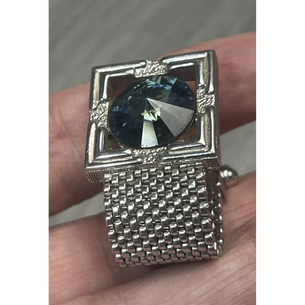 Vintage Men's Cufflinks Silver-Tone Mesh Faceted Blue Stone Square Frame‎